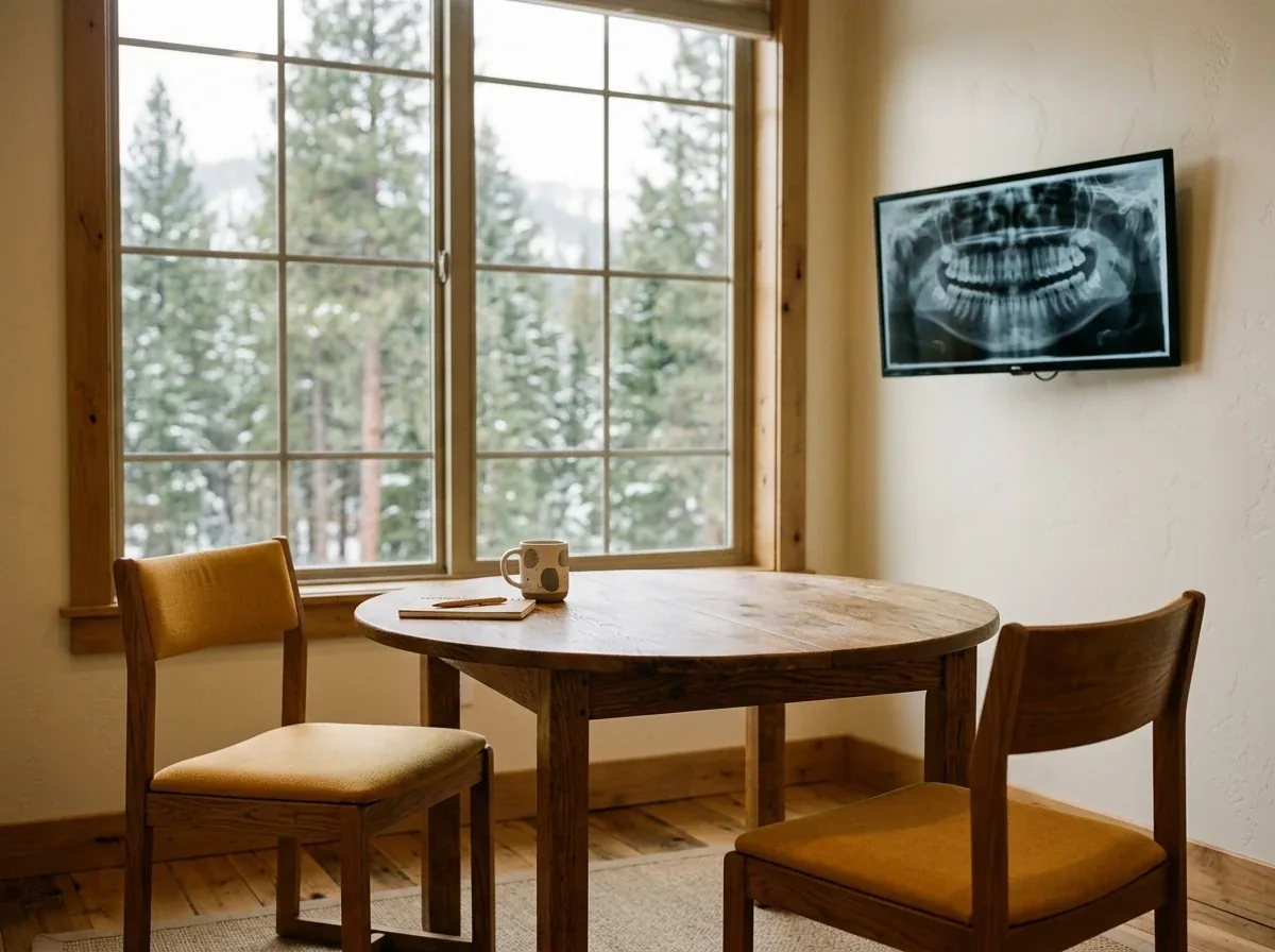 Round wooden table and chairs by a window with forest views and a wall screen displaying a dental X-ray.