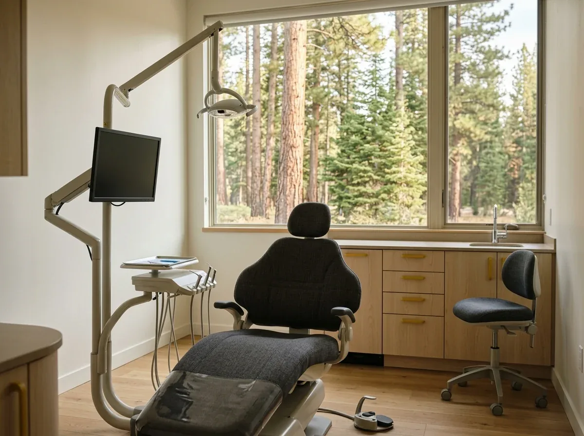 Dental chair and equipment in an exam room with a large window overlooking a pine forest.