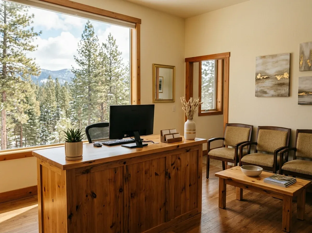 Wooden reception desk and waiting chairs beside a large window overlooking a snowy forest.